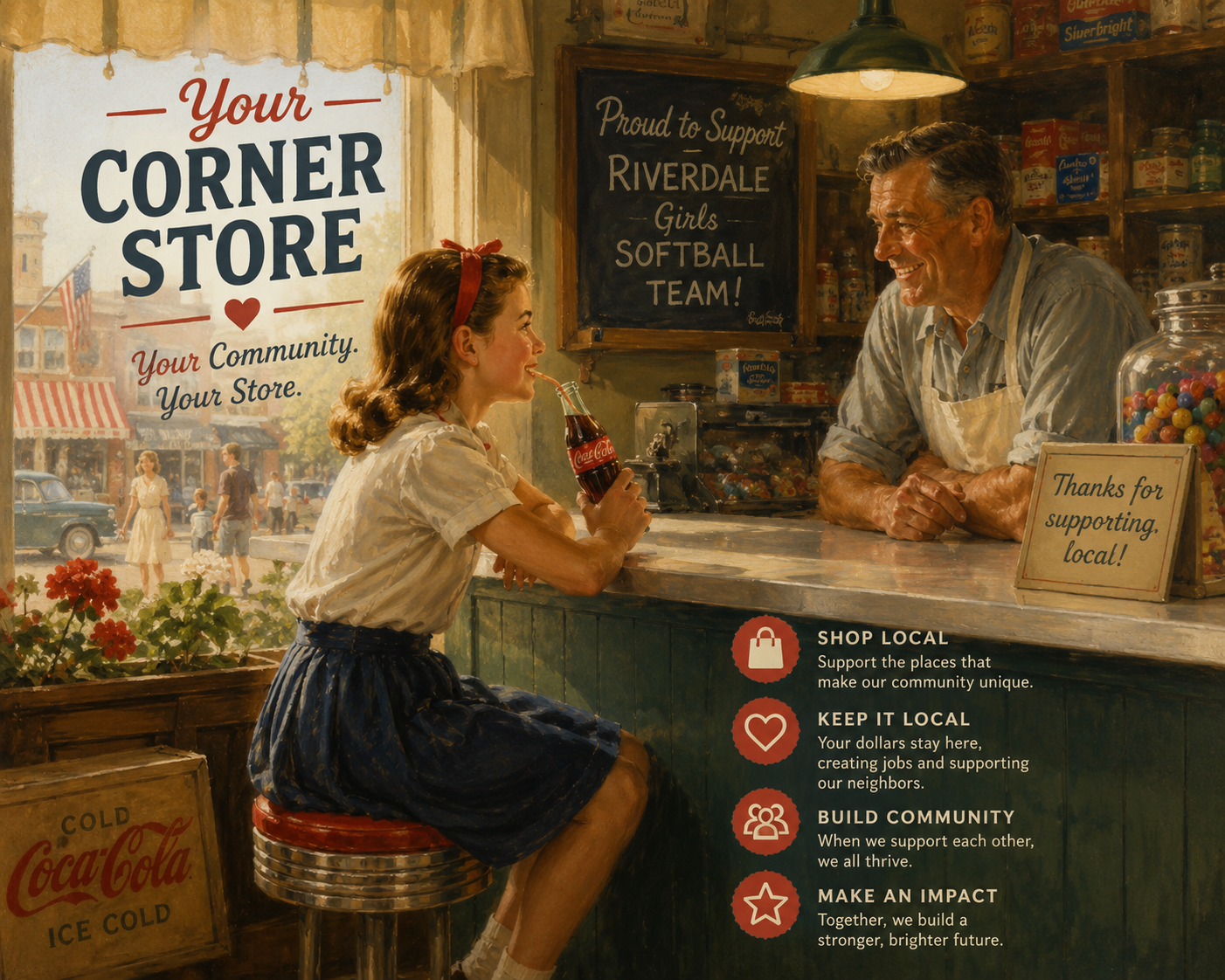 Grandfather and granddaughter connecting at the Corner Store, representing community across generations